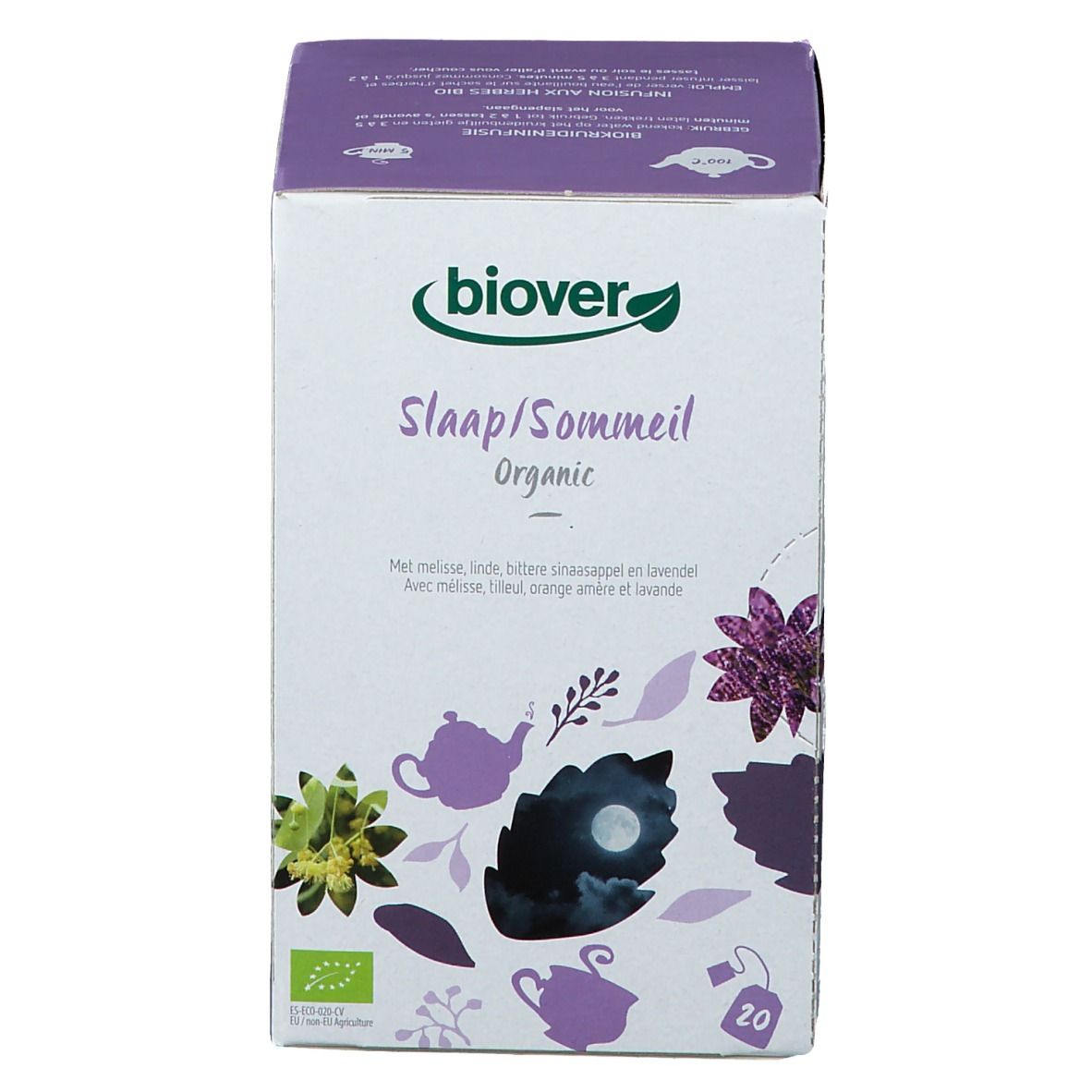 Biover Schlaf Bio. Karton mit Teebeuteln. Aufdrucke: 'Slaap/Sommeil Organic', 20 Teebeutel, Bio-Siegel.