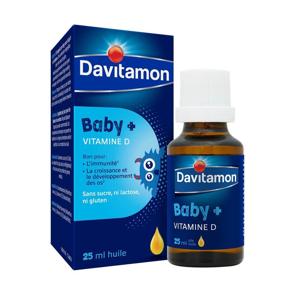 Une boîte et un flacon de Davitamon Baby + Vitamine D.