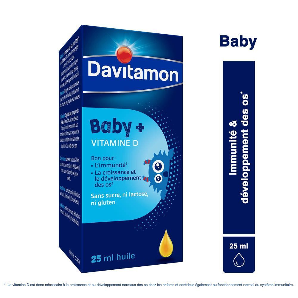 Une boîte de Davitamon Baby + Vitamine D avec un flacon.