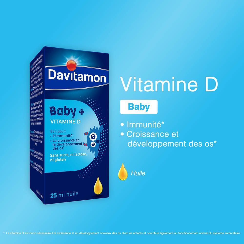 Boîte de Davitamon Baby + Vitamine D avec flacon séparé.