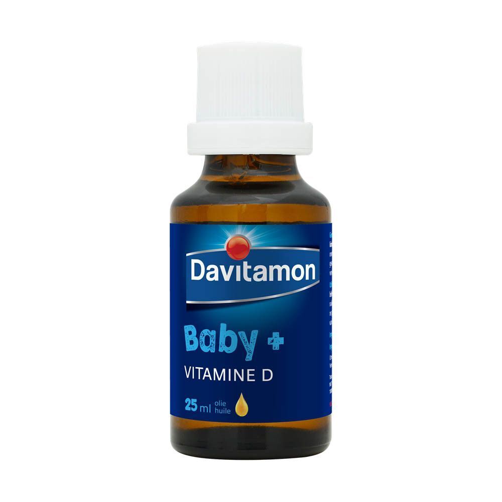 Davitamon Baby + Vitamine D : boîte avec flacon et bébé.