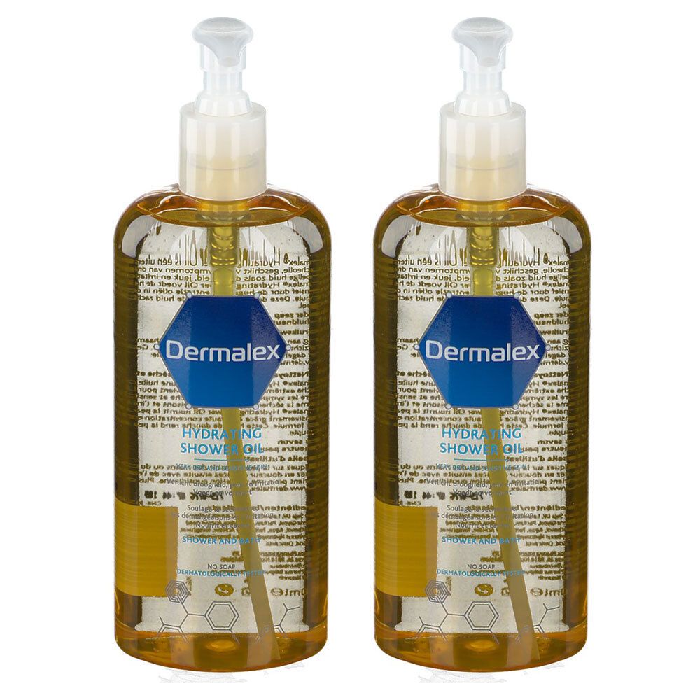 Zwei Flaschen Duschöl mit Pumpverschluss. Auf jeder Flasche ist das Logo von Dermalex zu sehen. Die Flaschen sind durchsichtig.