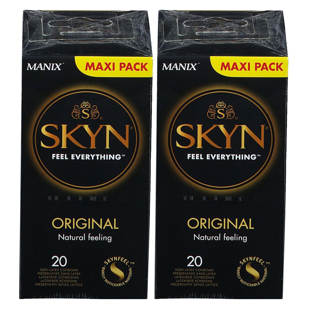Zwei Packungen Kondome. Schwarze Verpackung mit goldfarbenem Schriftzug SKYN ORIGINAL. Marke MANIX, Maxi Pack.