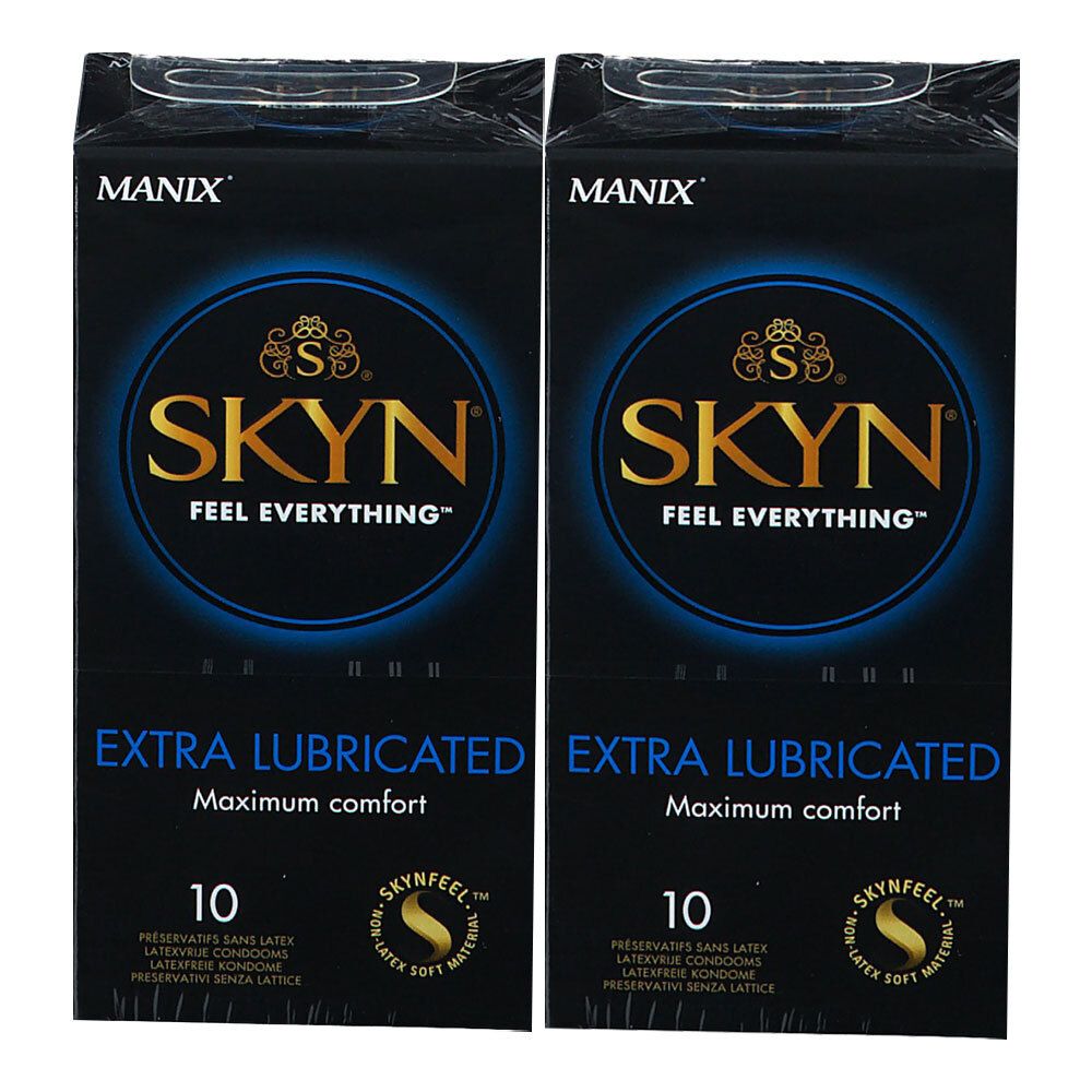 Deux boîtes de préservatifs. Emballage noir avec texte doré SKYN, "Extra Lubricated" et "10". Marque MANIX visible.