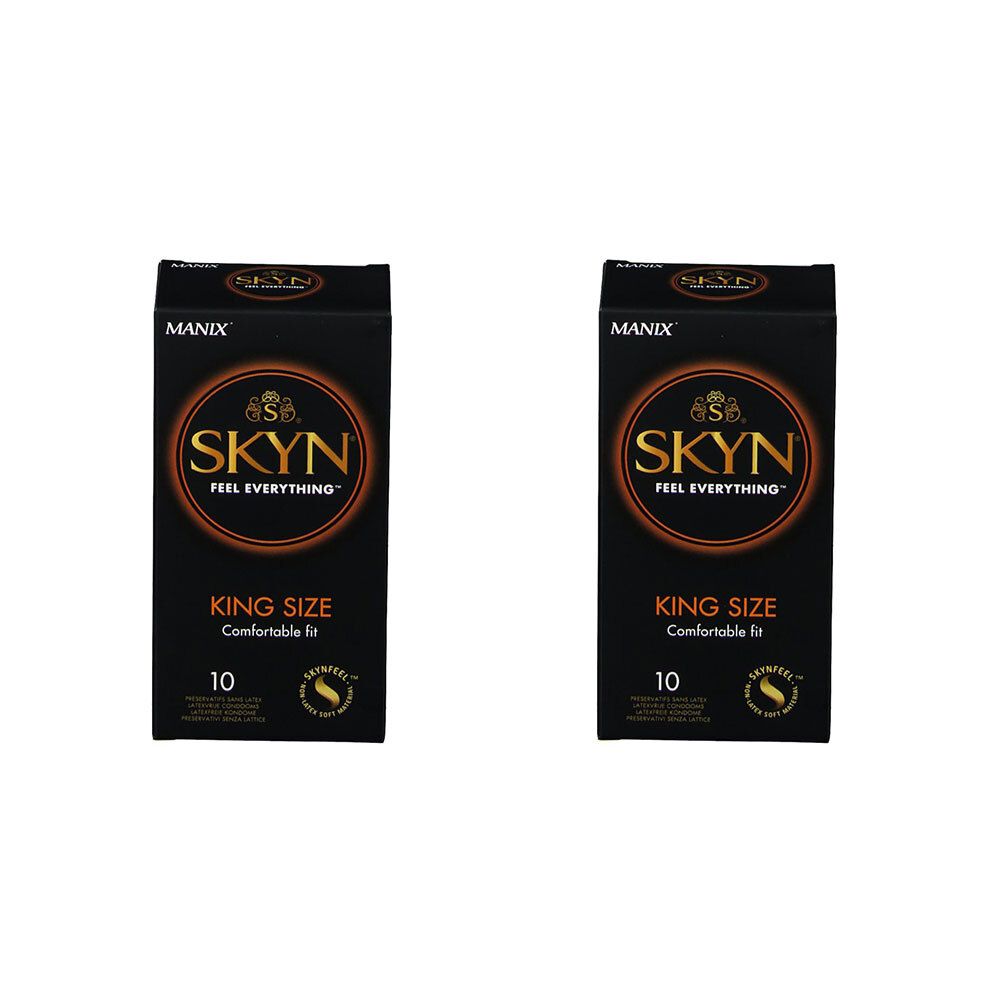 Deux boîtes noires avec le logo SKYN. Chaque boîte porte la mention "KING SIZE" et le chiffre "10".