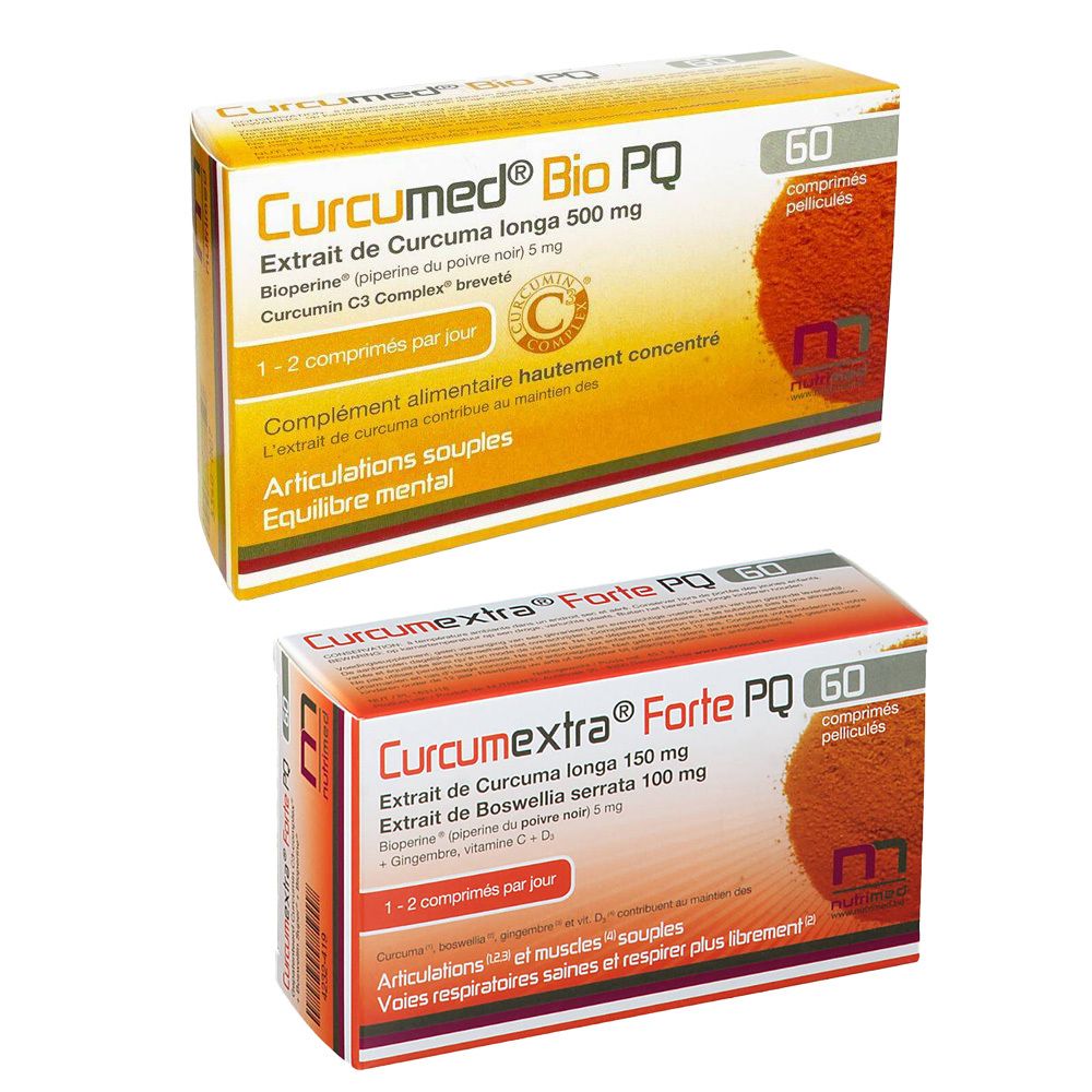 Deux boîtes de CurcumExtra® Forte PQ et Curcumed® Bio PQ. Texte et 60 comprimés. Emballages orange et jaune.