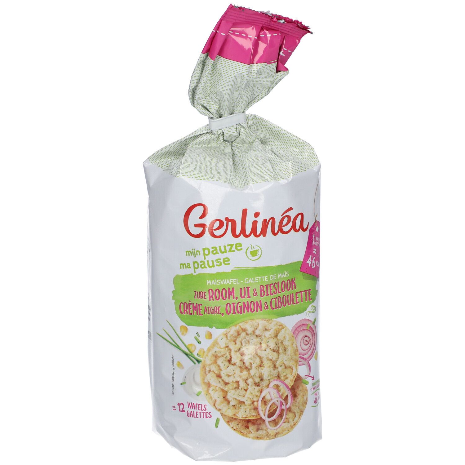 Paquet de galettes de maïs à la crème d'oignon et ciboulette. Logo Gerlinéa. 12 gaufrettes. Illustration du produit.