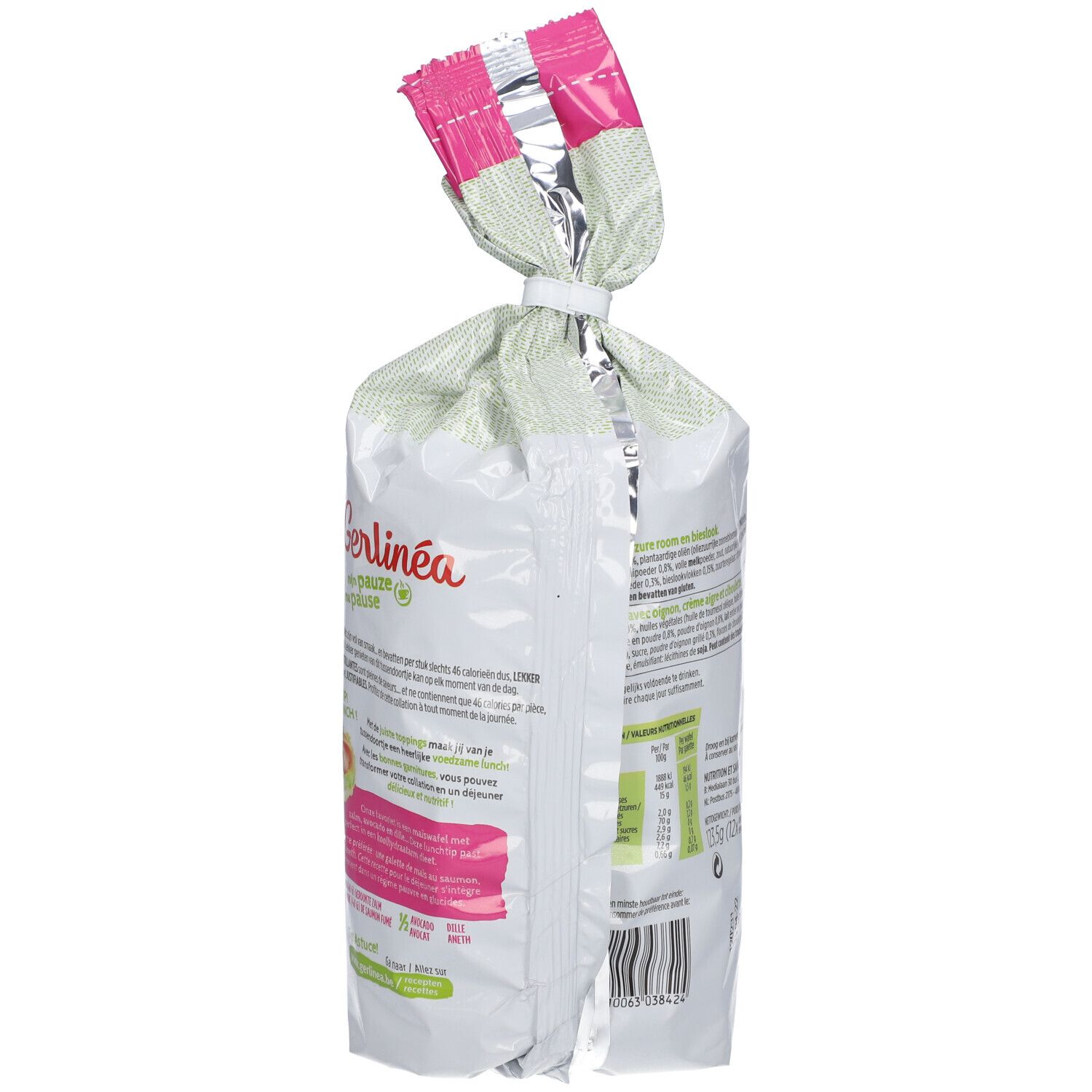 Dos du paquet de galettes de maïs. Logo Gerlinéa. Texte et informations nutritionnelles. Code-barres.