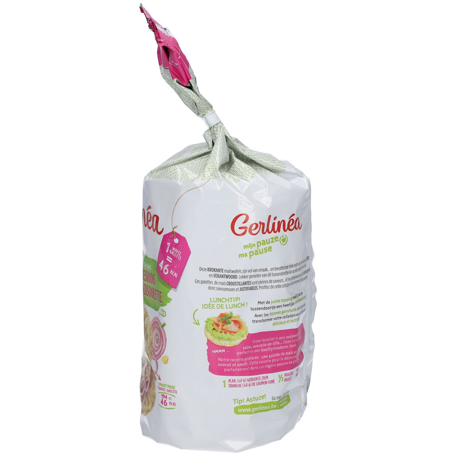 Dos du paquet de galettes de maïs. Logo Gerlinéa. Texte et informations nutritionnelles. Illustration de suggestion de déjeuner.