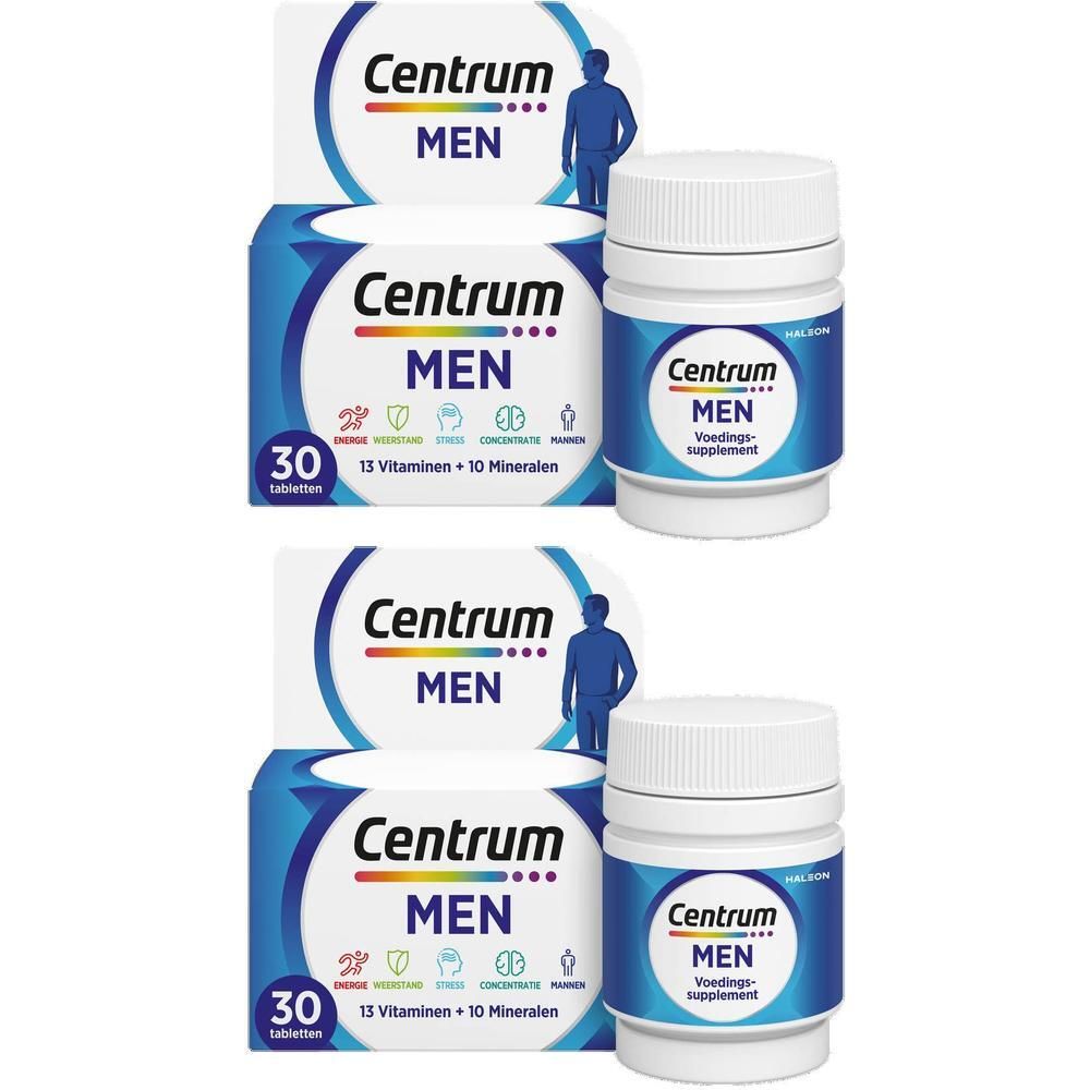 Zwei Packungen und Flaschen Centrum Men Multivitamin-Nahrungsergänzungsmittel mit 30 Tabletten.