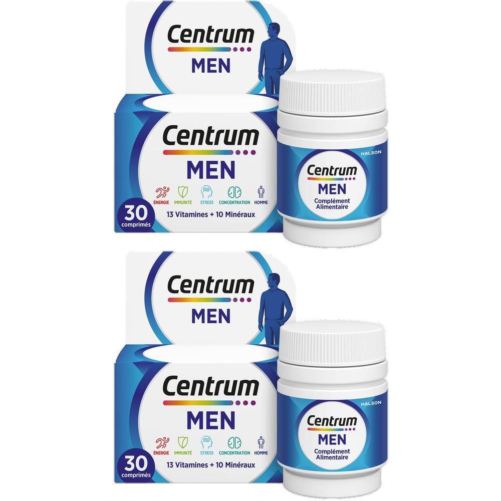 Deux boîtes et flacons de Centrum Men Complément Alimentaire Multivitamines 30 comprimés.