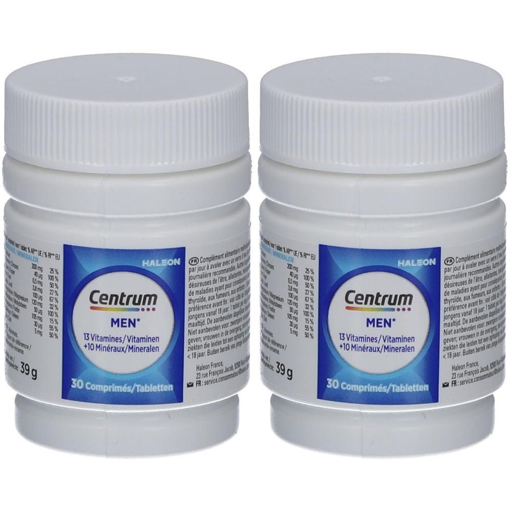 Zwei Behälter Centrum Men Multivitaminpräparate mit 30 Tabletten.
