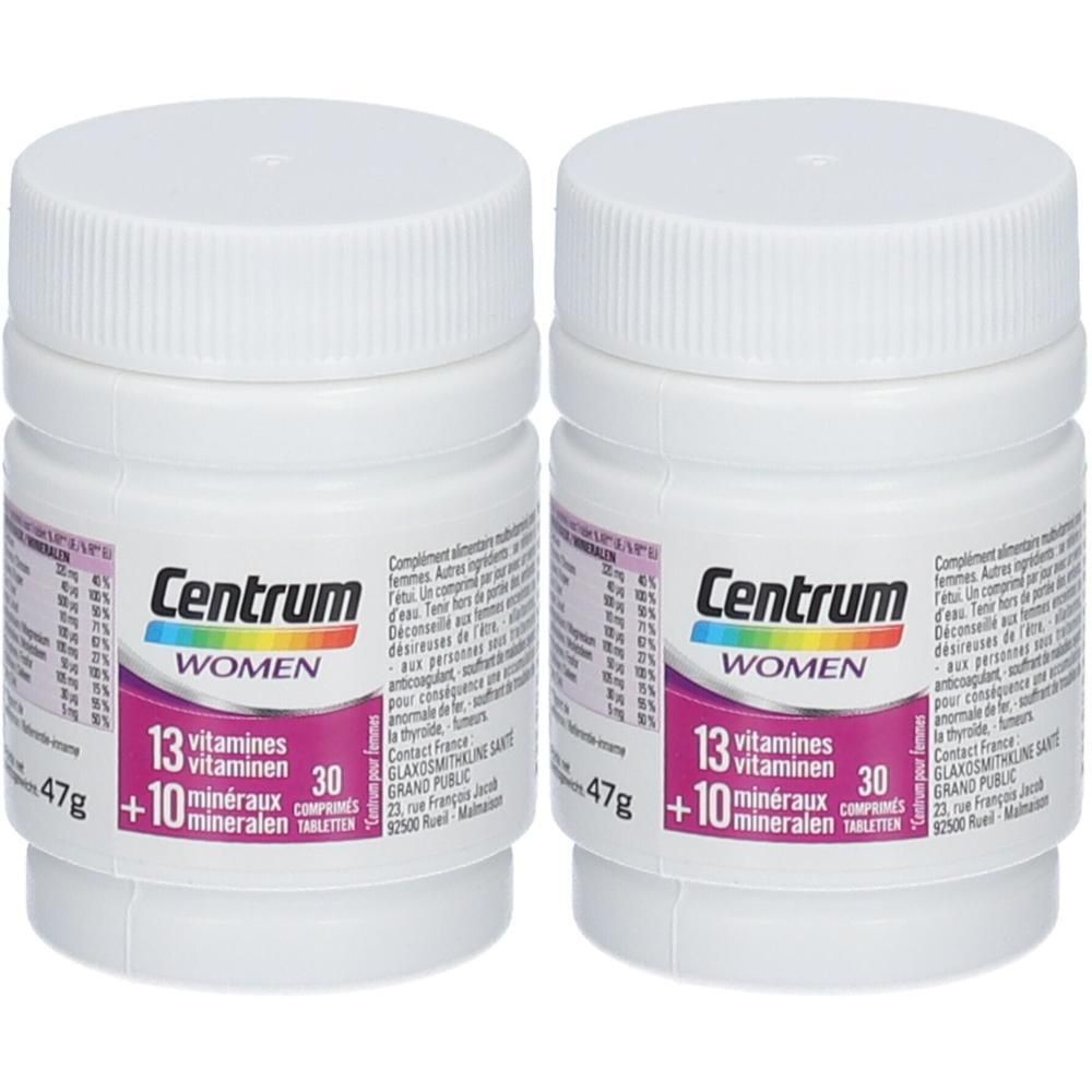 Deux flacons de Centrum Femmes Multivitamines, 30 comprimés par flacon.