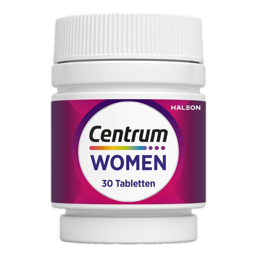 Centrum Women: Fläschchen mit 30 Tabletten. Enthält 13 Vitamine und 10 Mineralien zur Unterstützung der Frauengesundheit.