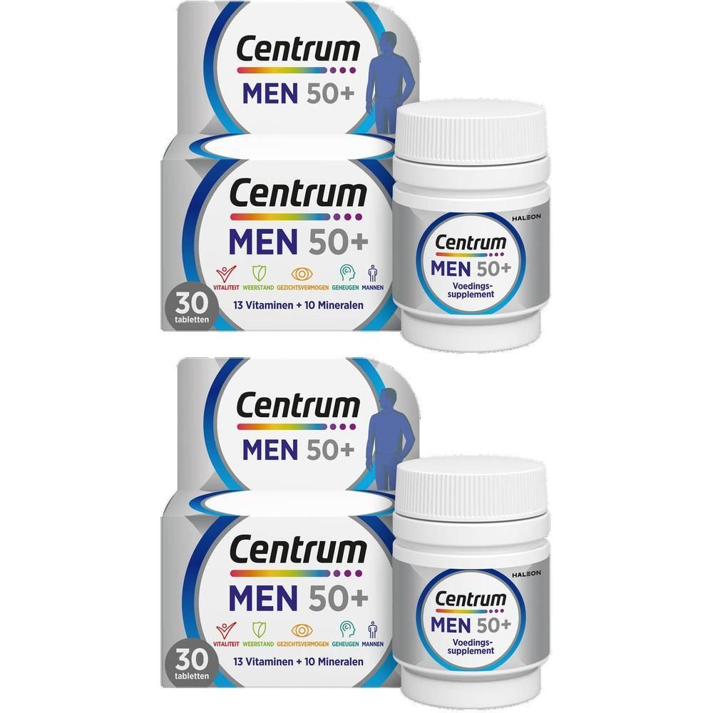 Centrum Men 50+ Packung mit 2x 30 Tabletten und 2x Flaschen Nahrungsergänzungsmittel.