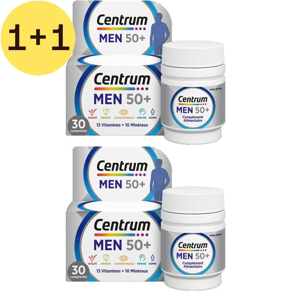 Deux boîtes de Centrum Men 50+ de 30 comprimés chacune et deux flacons. Inscription : 13 vitamines + 10 minéraux. Étiquette jaune 1+1.