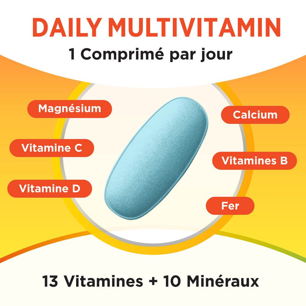 Comprimé multivitamines bleu avec ingrédients mis en évidence : Magnésium, Vitamine C, Vitamine D, Calcium, Vitamines B, Fer.