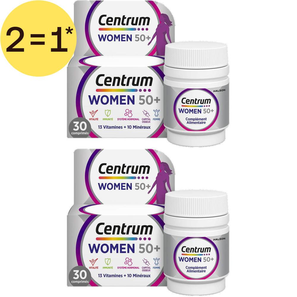 Deux boîtes et un flacon de Centrum Women 50+. Inscription : 30 comprimés, 13 vitamines + 10 minéraux.