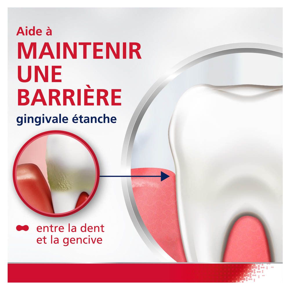 Graphique avec dent et gencive. Texte : Aide à maintenir une barrière gingivale étanche.