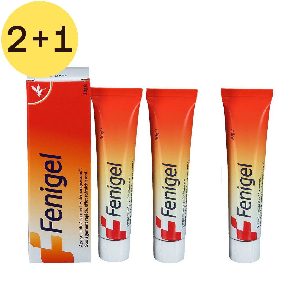 Packung mit drei Tuben und einer Schachtel. Auf den Tuben steht "Fenigel". Auf der Packung steht "2+1".