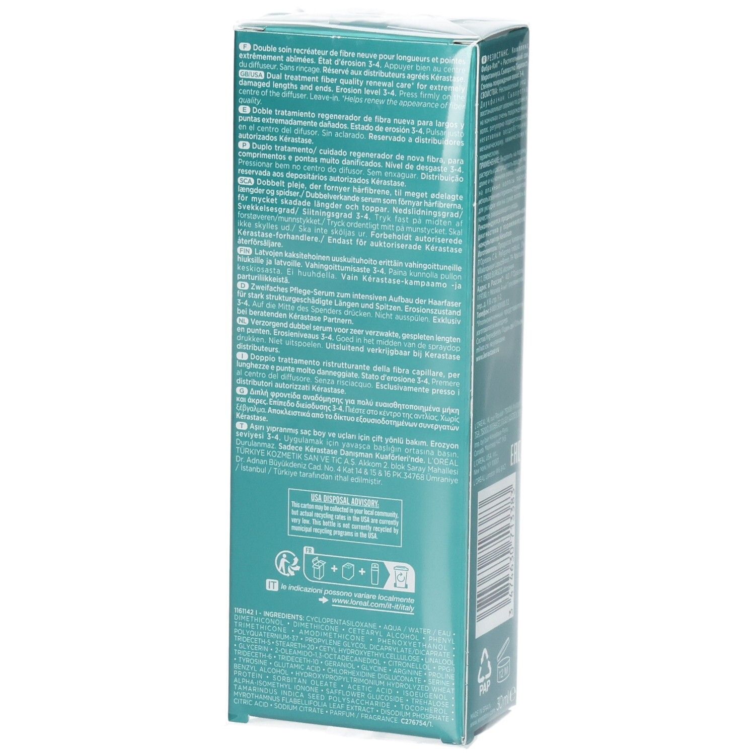Kérastase Resistance Sérum Thérapiste: Seitenansicht der Verpackung mit Anwendungshinweisen und Stufen.