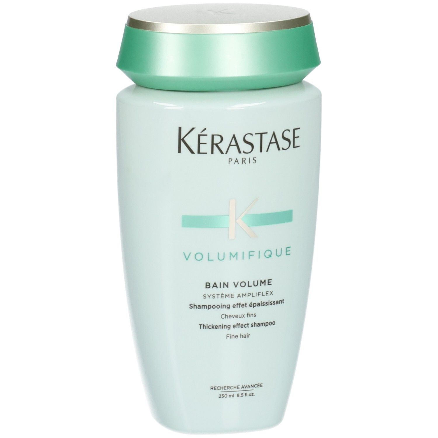 Bouteille de shampooing Kérastase Bain Volumifique, vert menthe avec bouchon argenté et vert.
