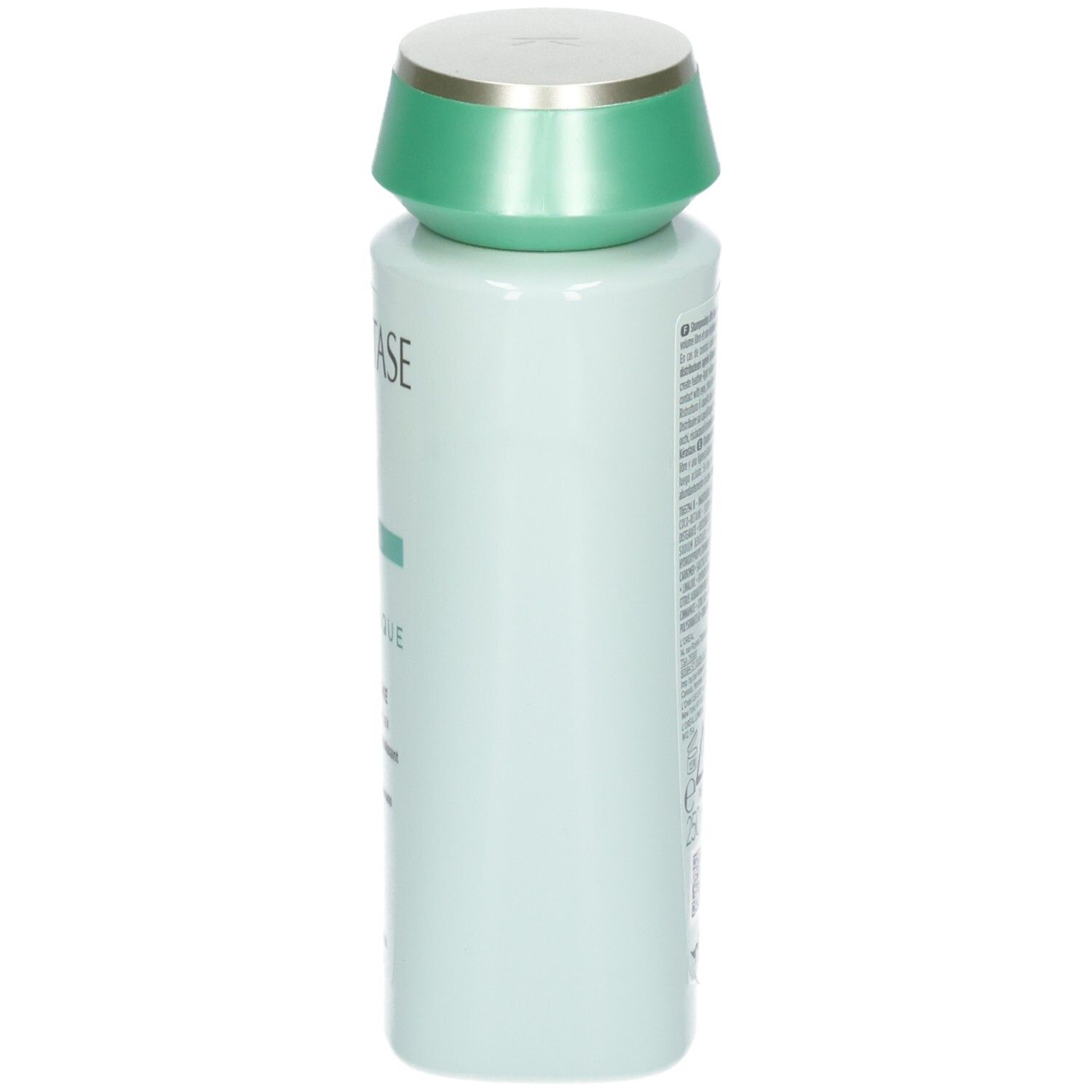 Vue latérale de la bouteille de shampooing Kérastase Bain Volumifique, vert menthe.