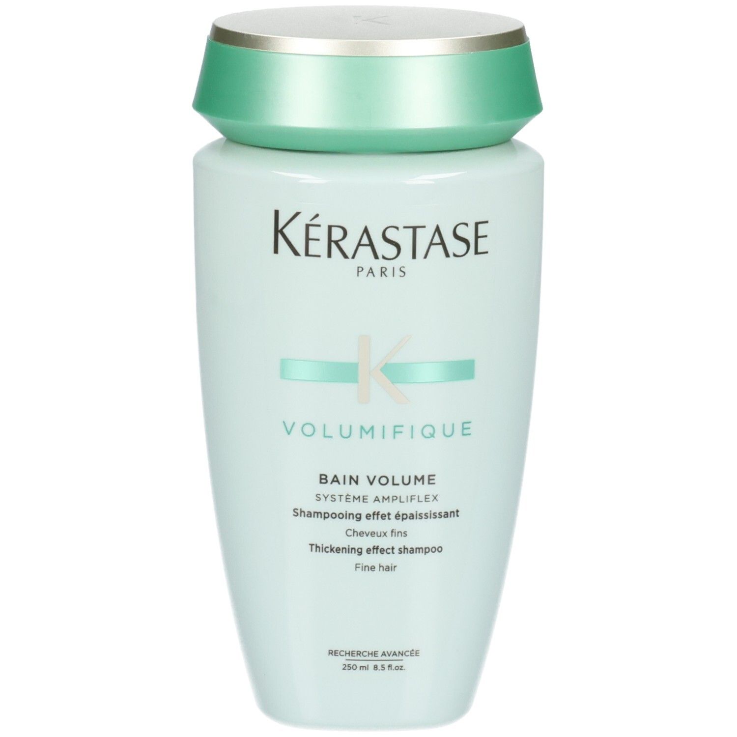 Bouteille de shampooing Kérastase Bain Volumifique, vert menthe avec bouchon argenté et vert.