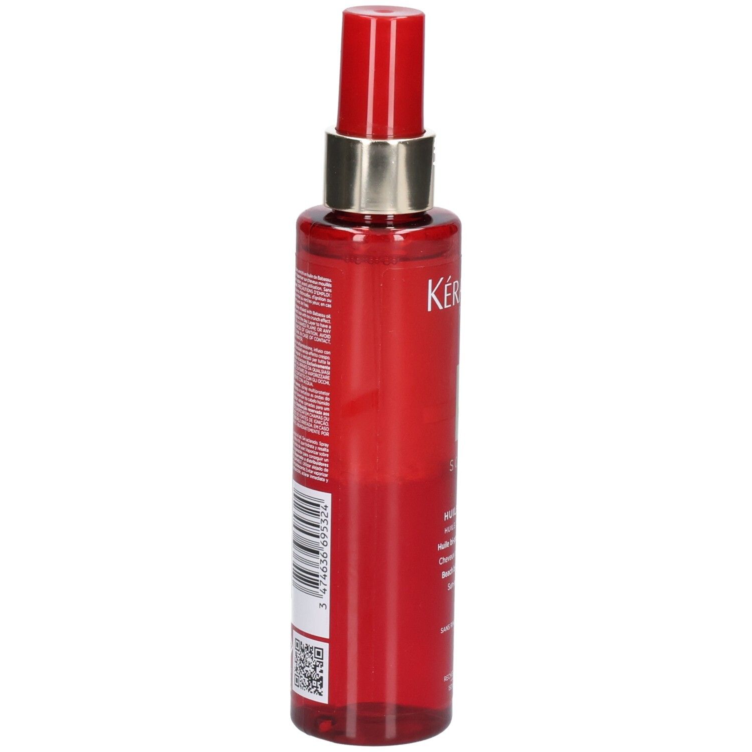 Rote Sprühflasche Kérastase Soleil Huile Sirène, Rückseite mit Text.
