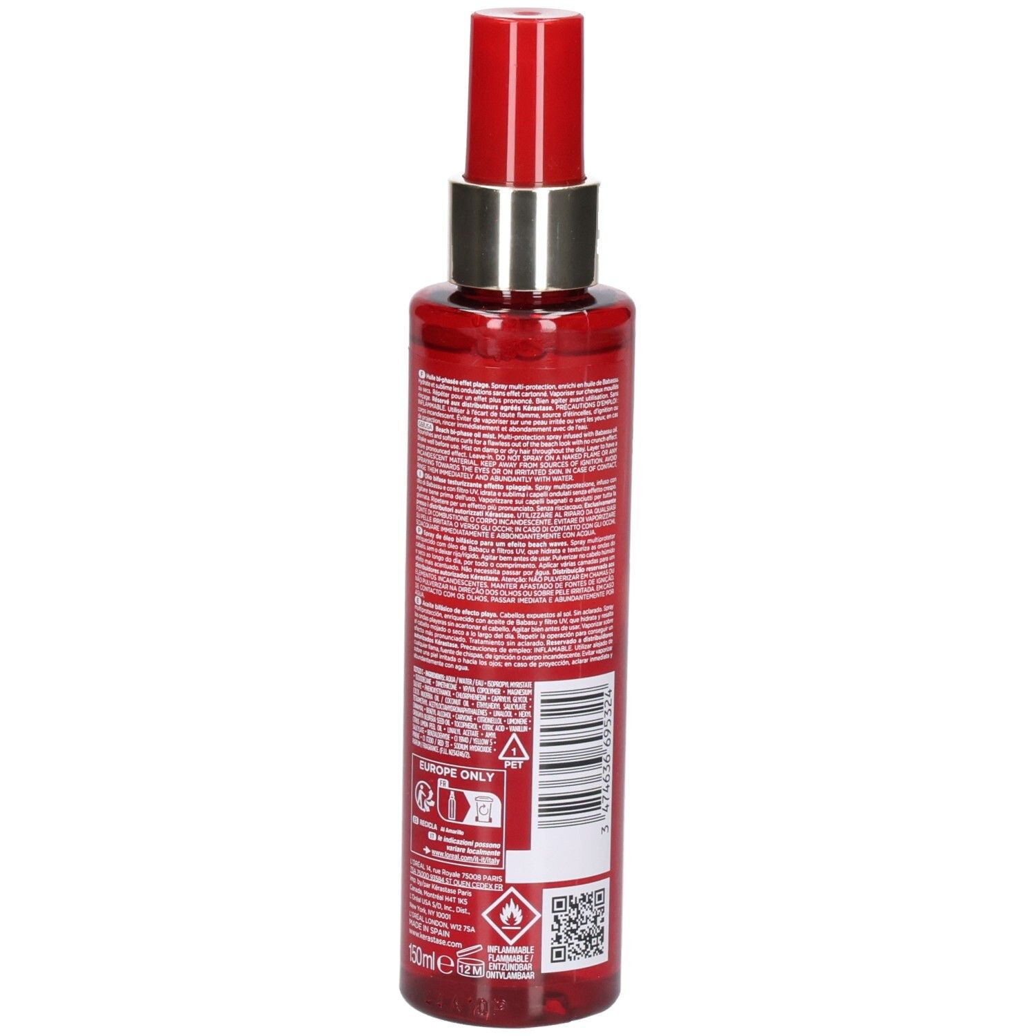 Rote Sprühflasche Kérastase Soleil Huile Sirène, Rückseite mit Text.