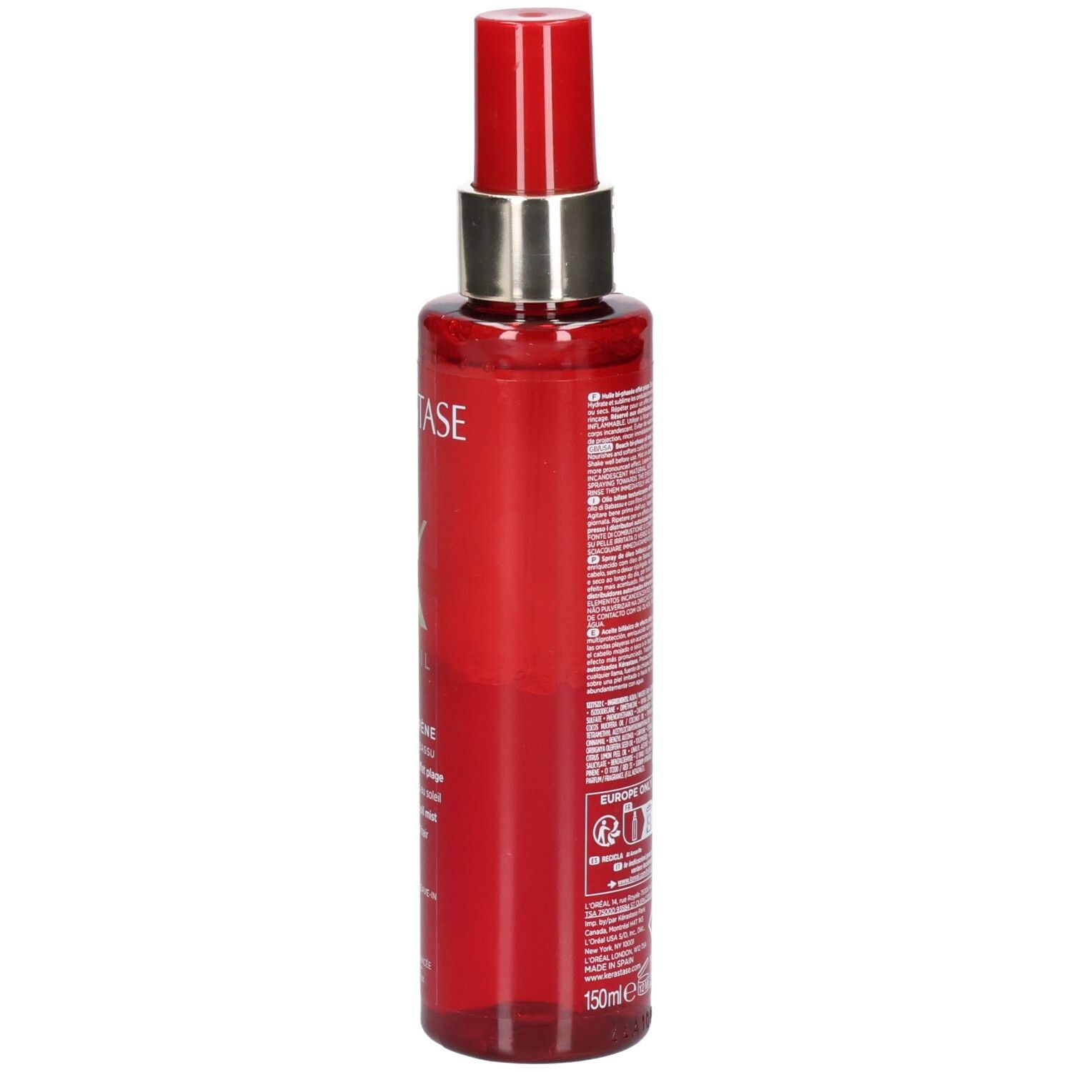 Rote Sprühflasche Kérastase Soleil Huile Sirène, Rückseite mit Text.