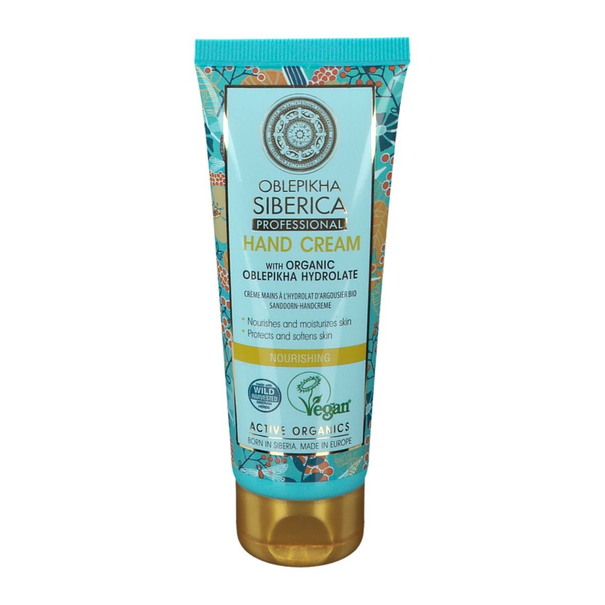 Tube de crème pour les mains turquoise. Oblepikha Siberica Professional. Hand Cream. Avec hydrolat d'argousier bio. Vegan.