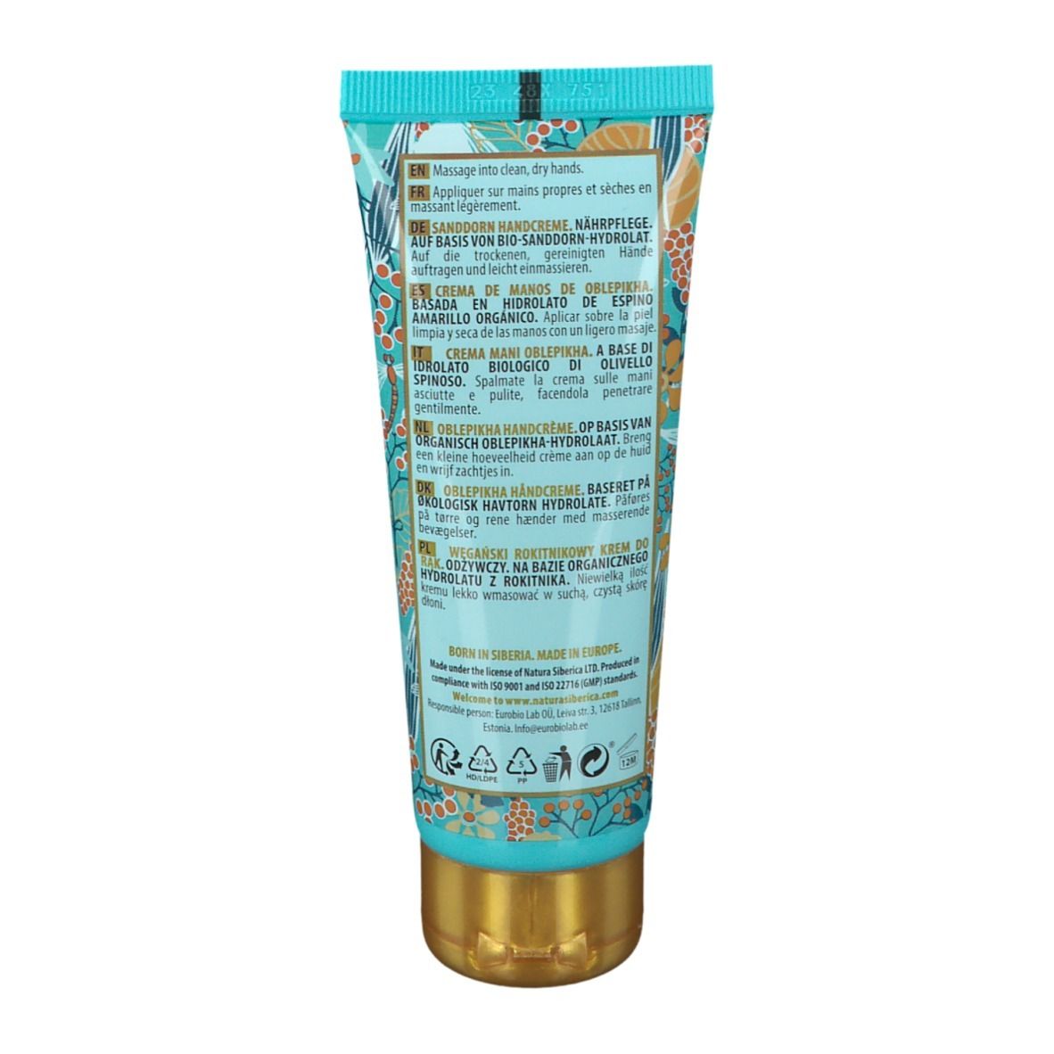 Dos du tube de crème pour les mains. Texte multilingue. Instructions d'utilisation. Ingrédients. Symboles de recyclage.