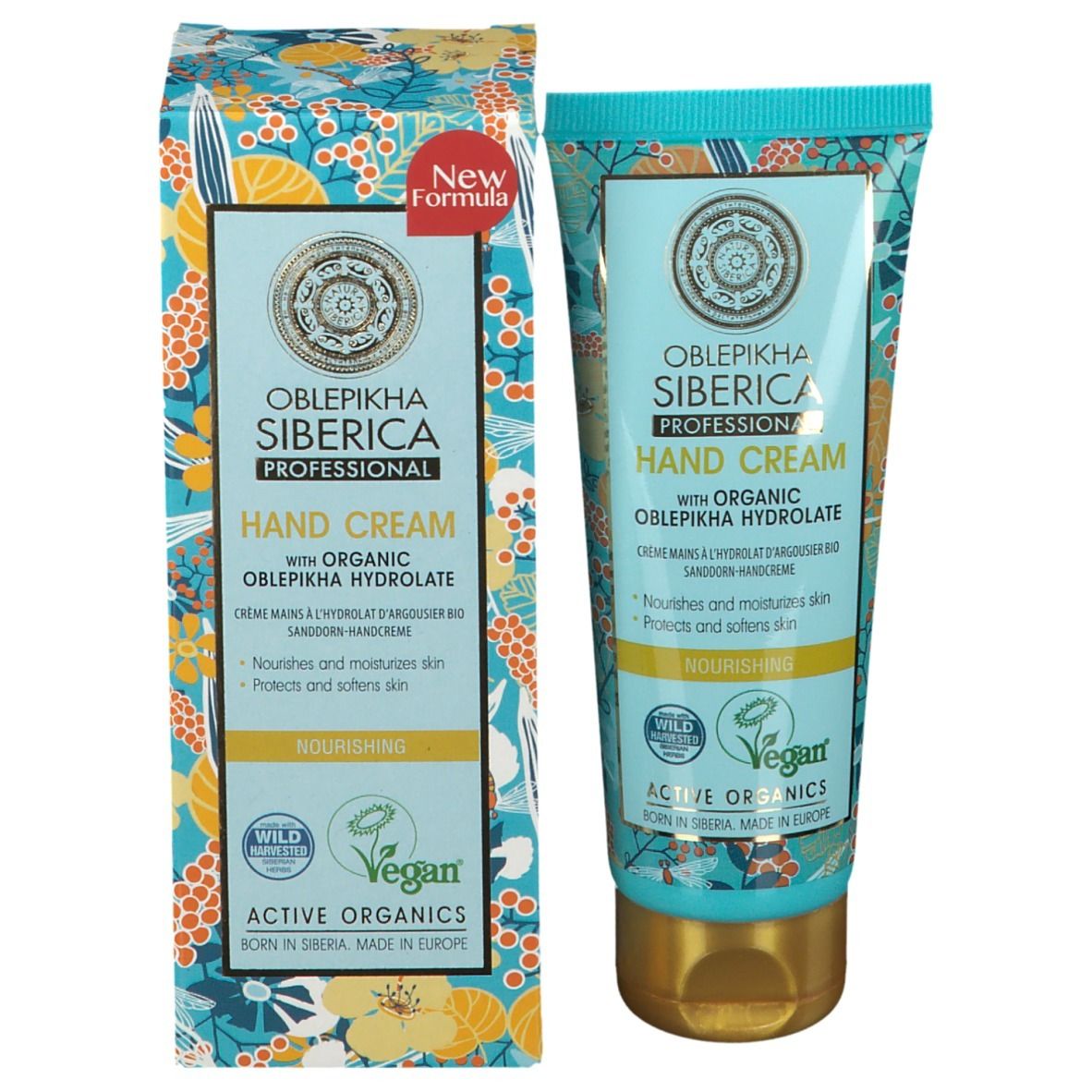 Tube et boîte de crème pour les mains. Oblepikha Siberica Professional. Hand Cream. Avec hydrolat d'argousier bio. Vegan. Nouvelle formule.