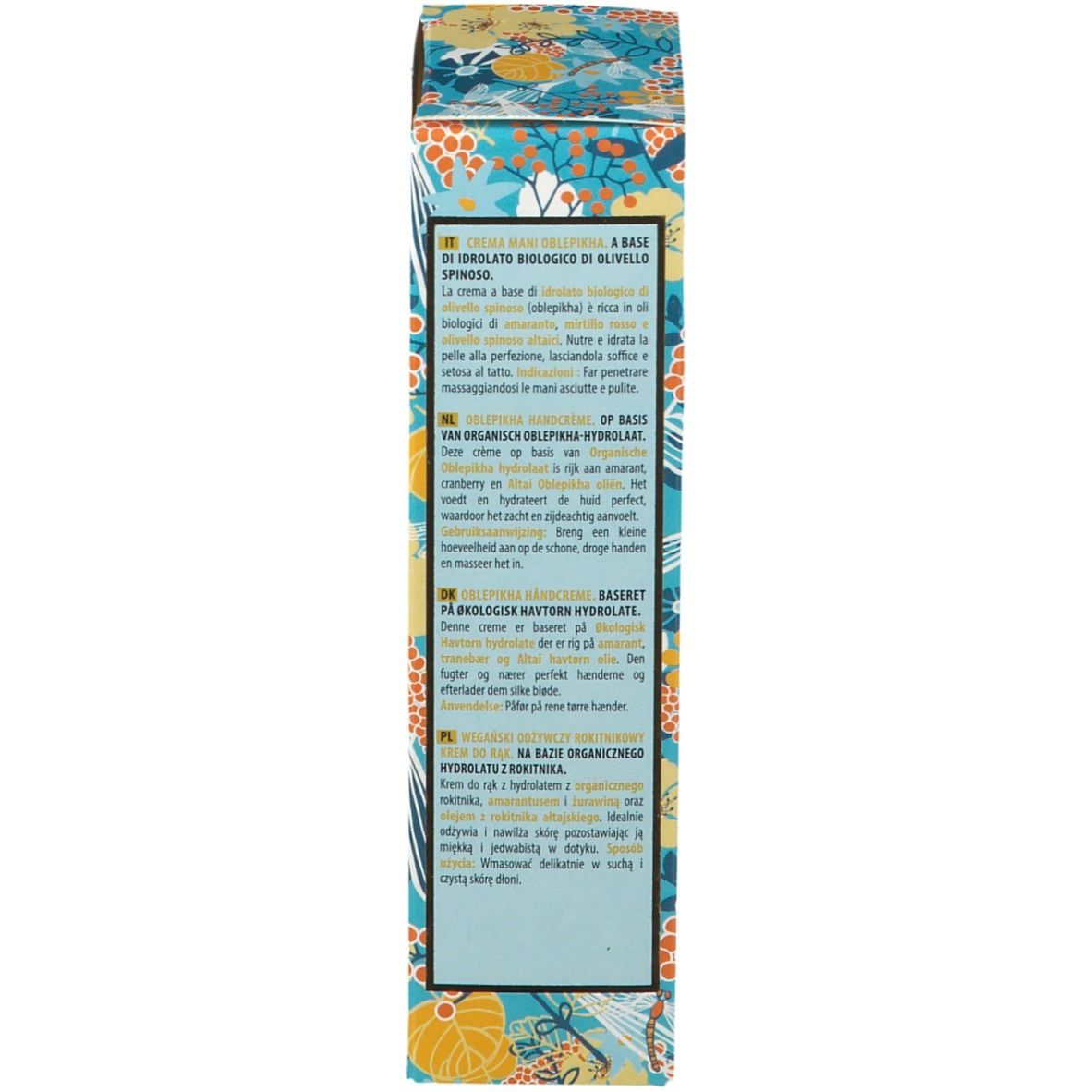 Côté de la boîte. Texte multilingue. Instructions d'utilisation. Ingrédients. Fabriqué en Europe. Code-barres.
