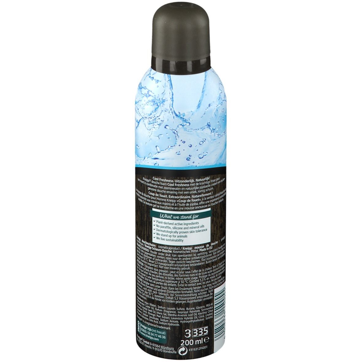 Mousse de douche Kneipp Cool Freshness. Bouteille cylindrique, bouchon noir. Dos avec texte et design aquatique. Aspect bois brun.