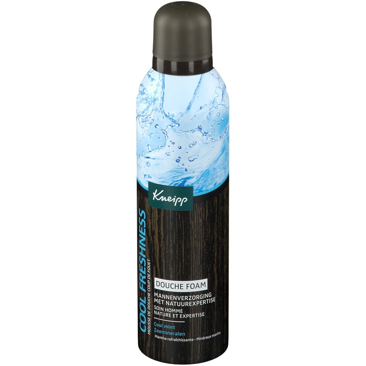 Mousse de douche Kneipp Cool Freshness. Bouteille cylindrique, bouchon noir. Éléments bleus et bruns. Texte: Cool Freshness, Kneipp.