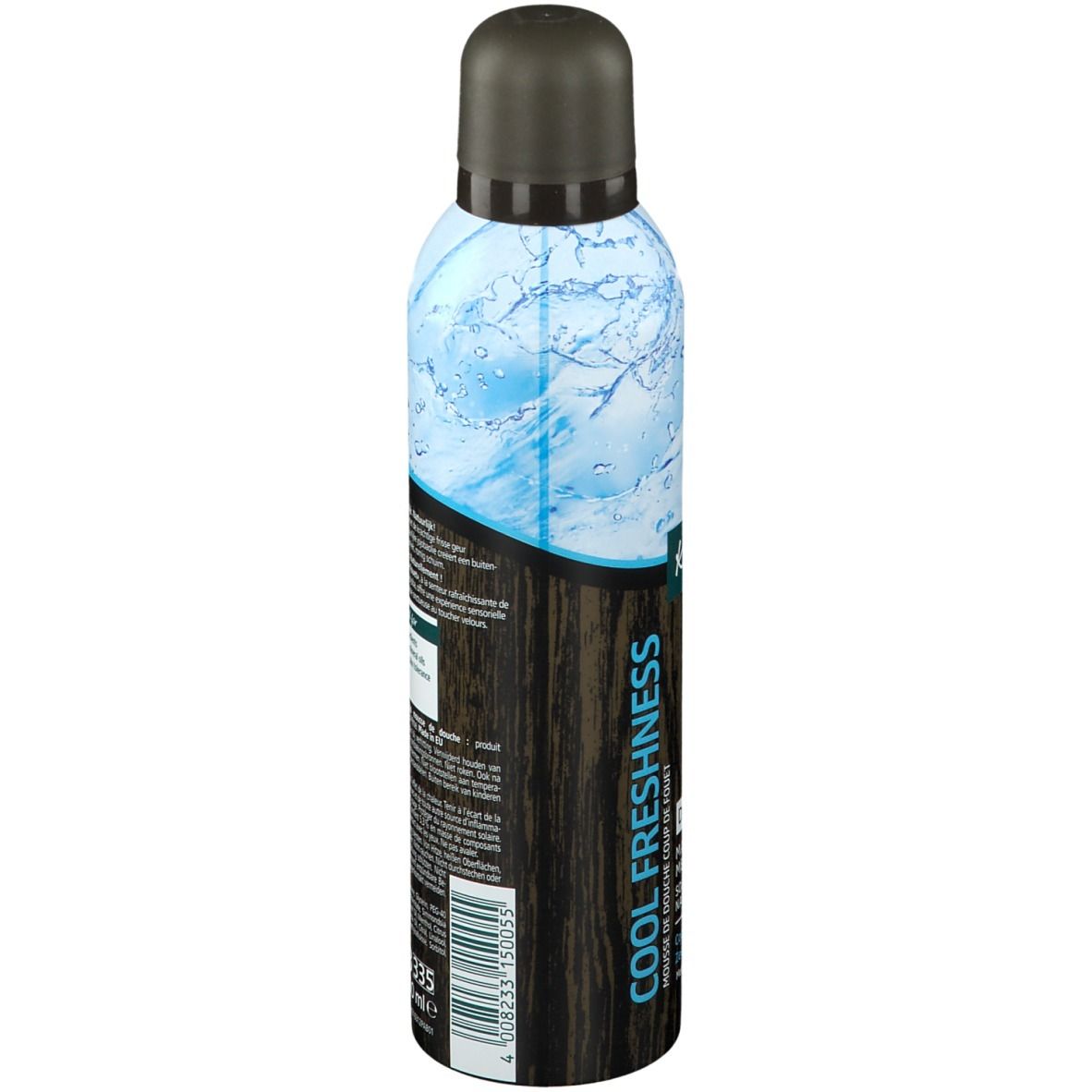 Mousse de douche Kneipp Cool Freshness. Bouteille cylindrique, bouchon noir. Dos avec texte et design aquatique. Aspect bois brun.