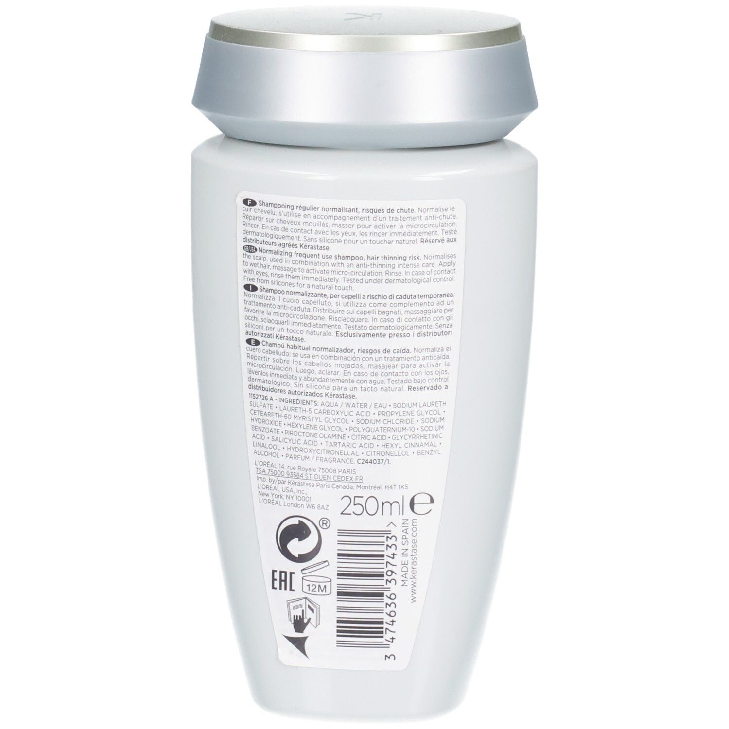 Arrière Kérastase Specifique Bain Prévention Shampoo, 250ml. Contient la liste des ingrédients et les instructions.