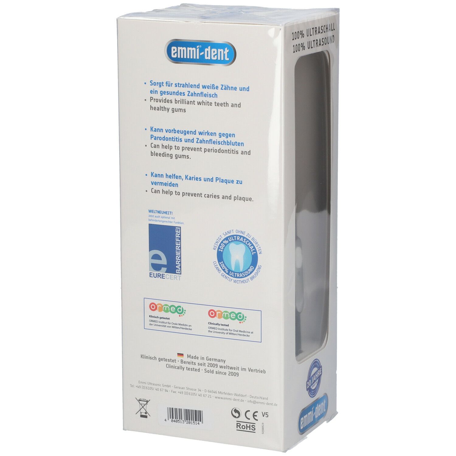 Rückseite der Verpackung. Text über Vorteile. Marke: emmi-dent. Aufdruck: Made in Germany. Zertifizierung.