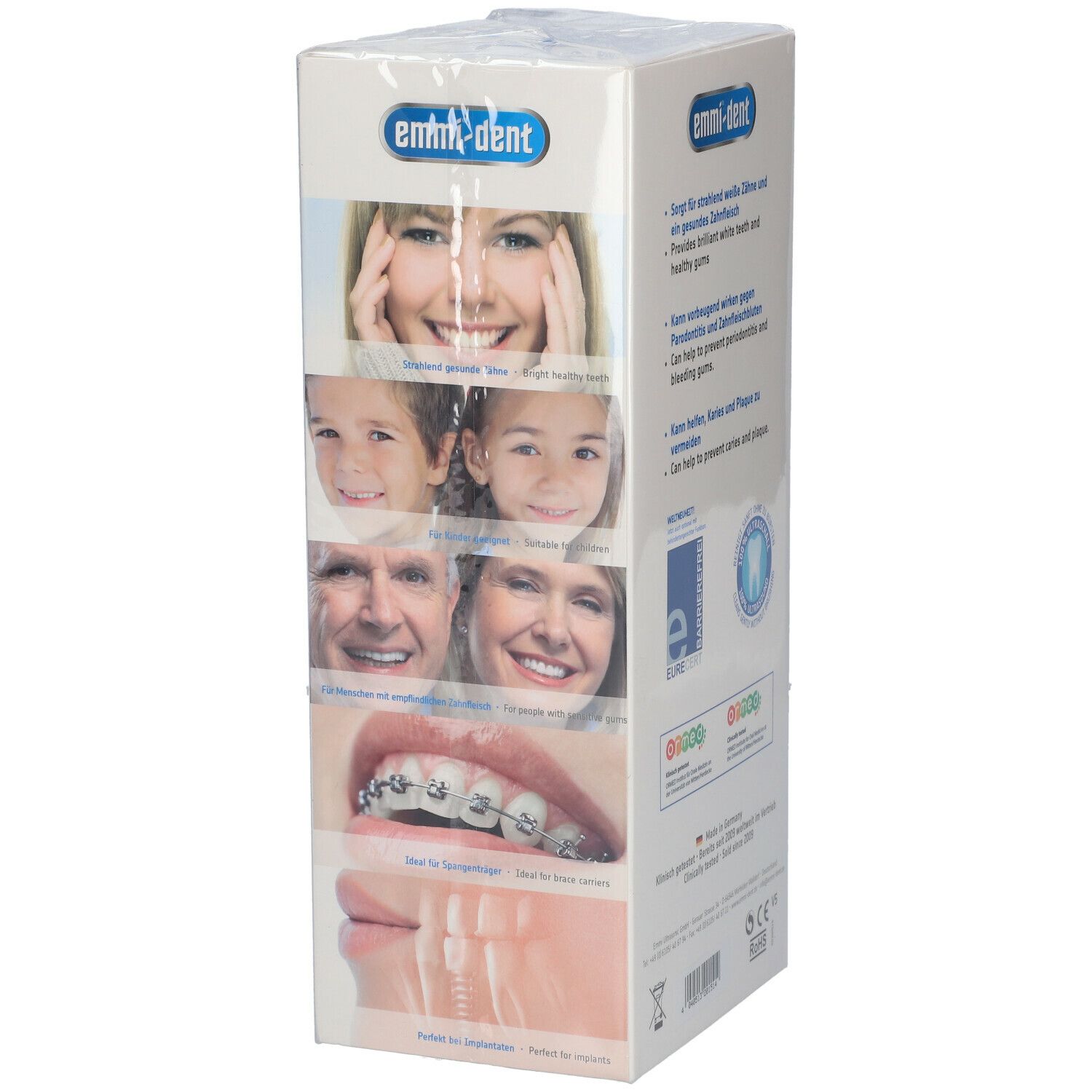 Verpackung mit Bildern von Menschen. Marke: emmi-dent. Bilder von Zähnen mit und ohne Zahnspange. Text.