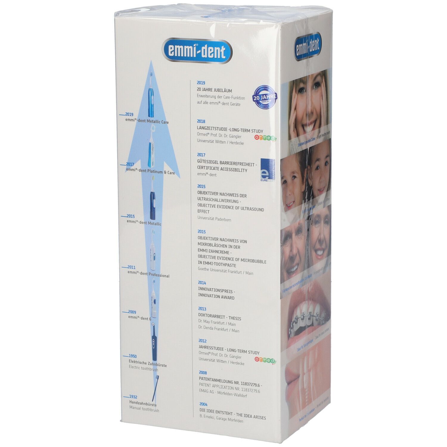 Verpackung mit Text und Bildern. Marke: emmi-dent. Diagramm mit Jahreszahlen und Text. Bilder von Zähnen.