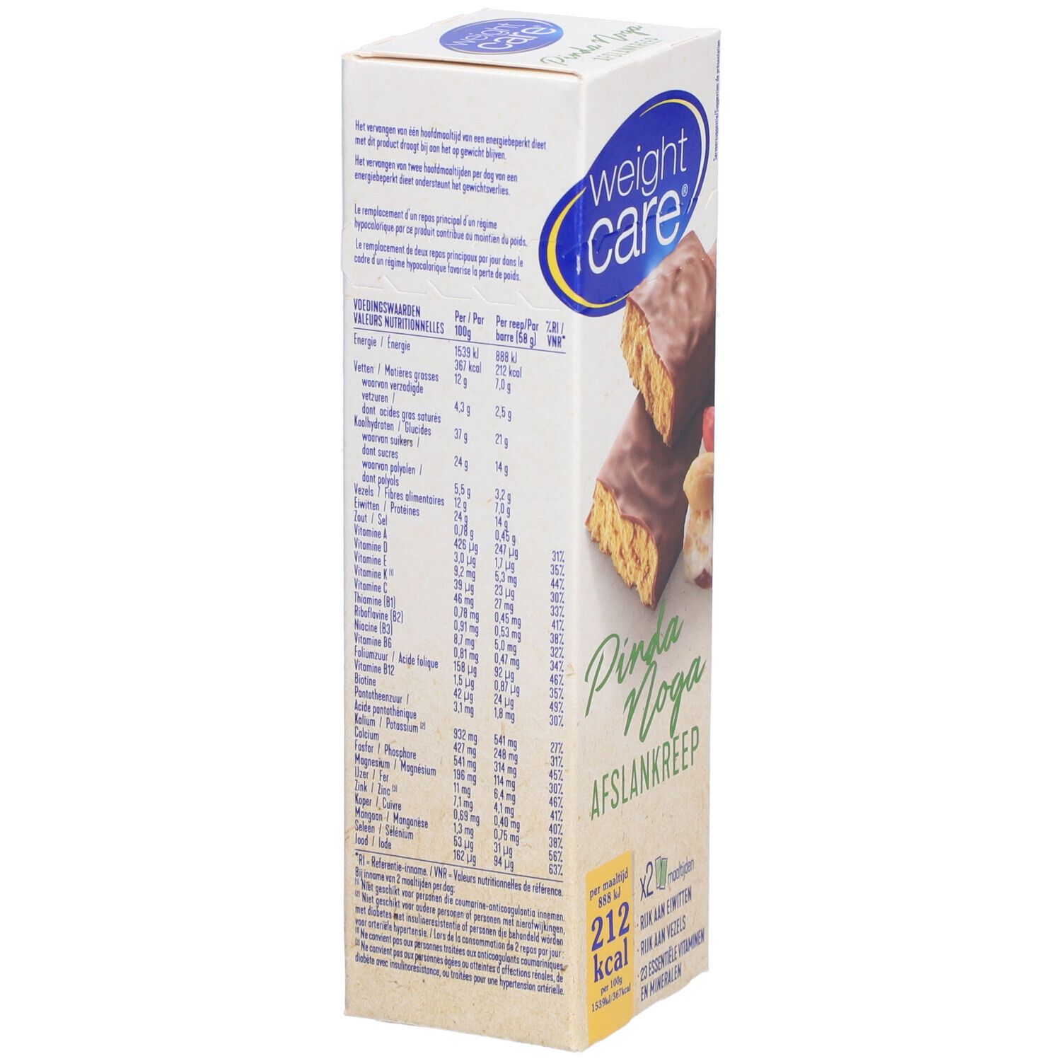 Verpackung von Weight Care® Schlankheitsriegel. Nährwertangaben und Zutatenliste sind auf der Seite abgebildet. Text in Niederländisch.
