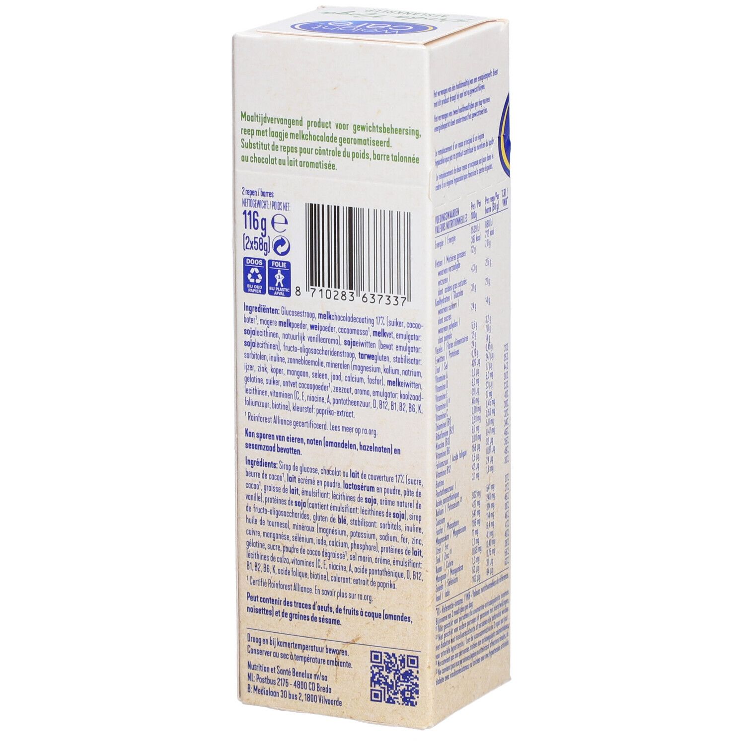 Verpackung von Weight Care® Schlankheitsriegel. Rückseite mit Zutatenliste, Nährwertangaben und Herstellerinformationen. Text in Niederländisch.