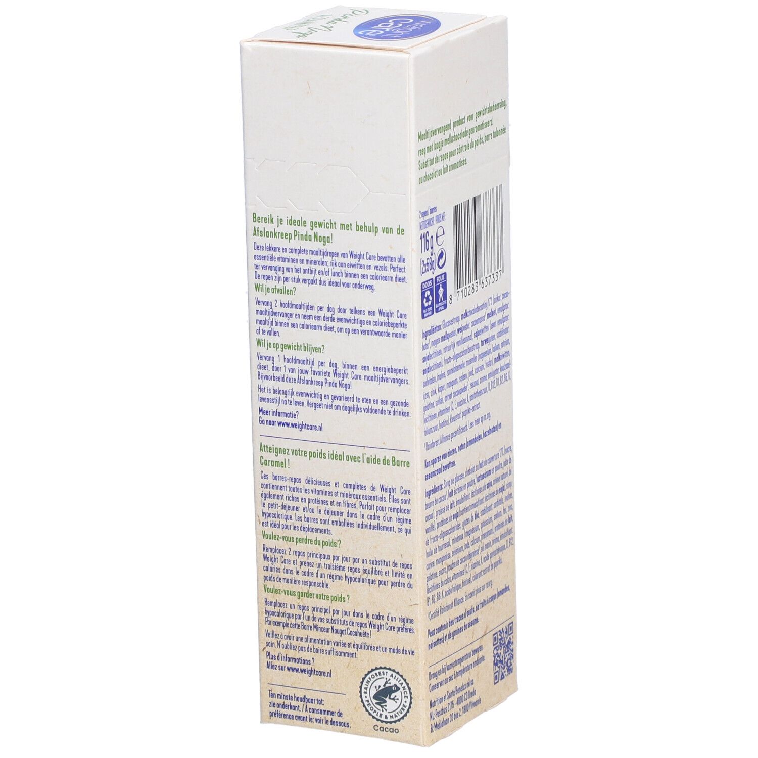Verpackung von Weight Care® Schlankheitsriegel. Seite mit Informationen zur Gewichtsabnahme. Text in Niederländisch.