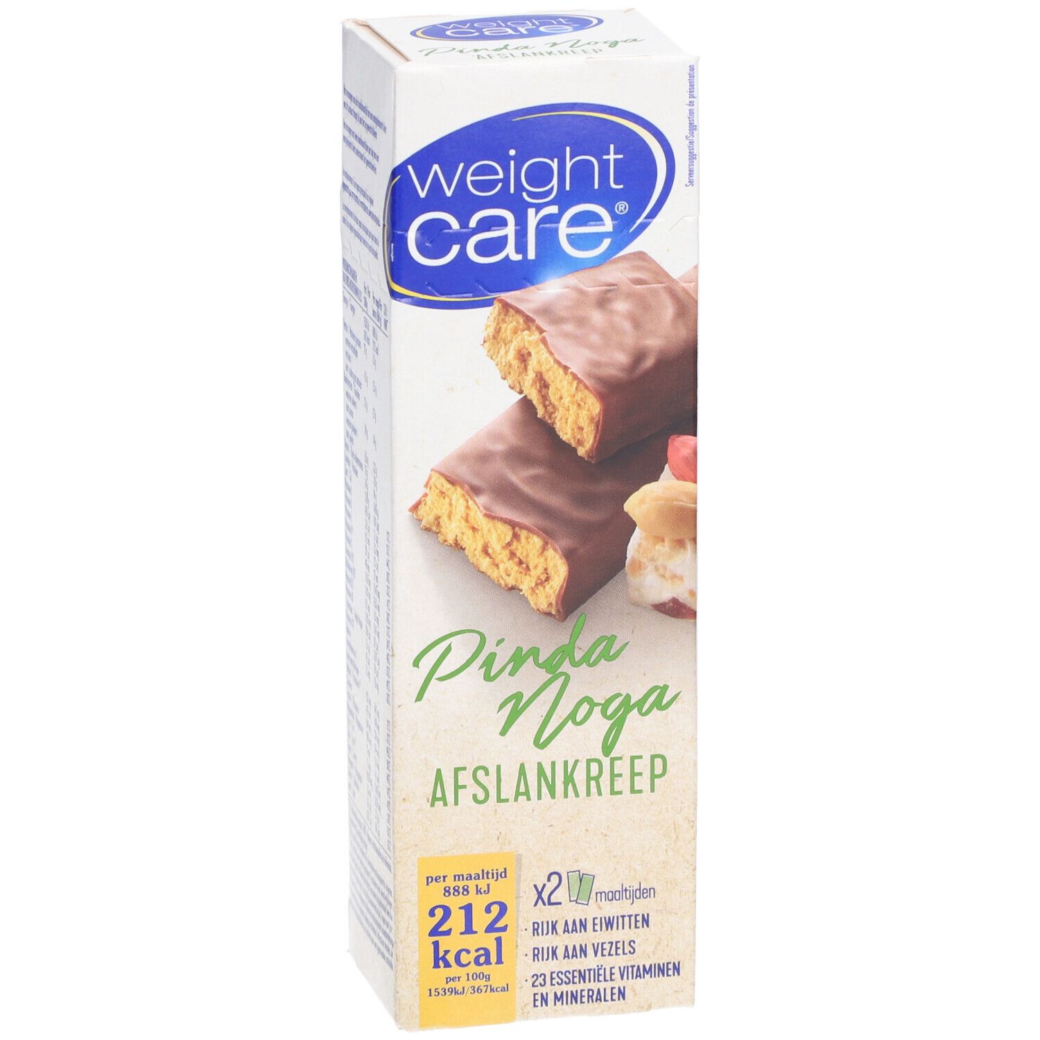 Verpackung von Weight Care® Schlankheitsriegel. Abgebildet sind zwei Riegel mit Nougat und Erdnuss. Aufdrucke: Pinda Noga, Afslankreep.