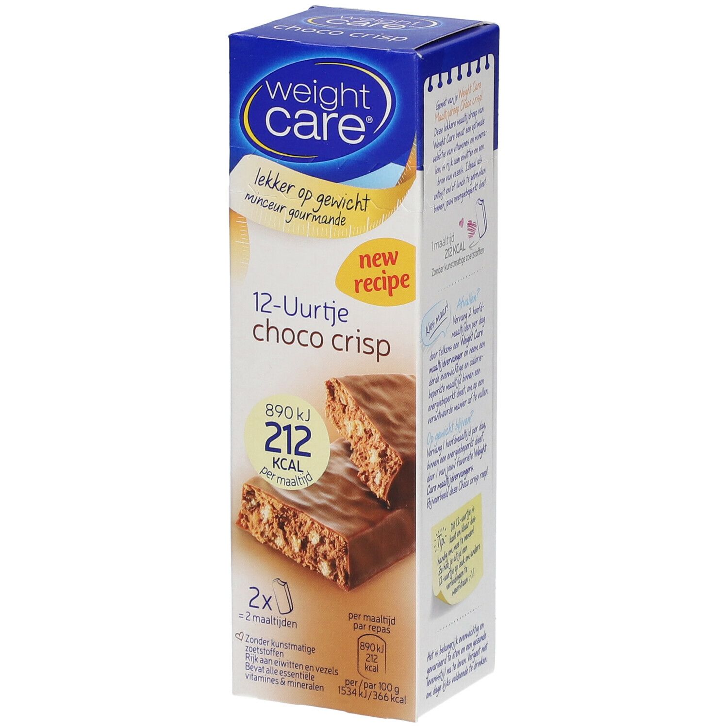 Boîte de Weight Care Choco Crisp. Inscription : 12-Uurtje choco crisp, 212 kcal par barre. Deux barres sont représentées.