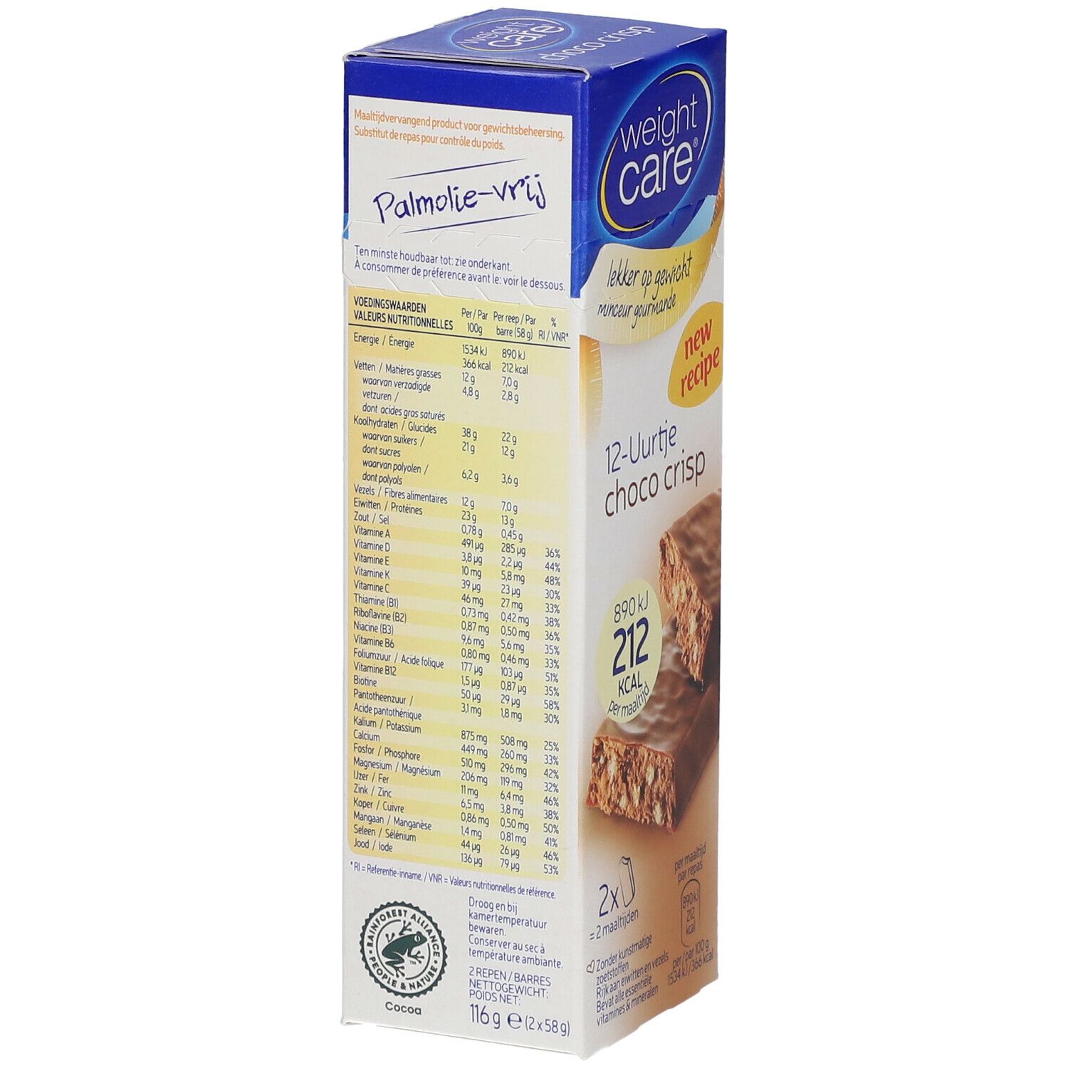 Dos de la boîte Weight Care Choco Crisp. Contient des informations nutritionnelles et le logo sans huile de palme. Texte en néerlandais.