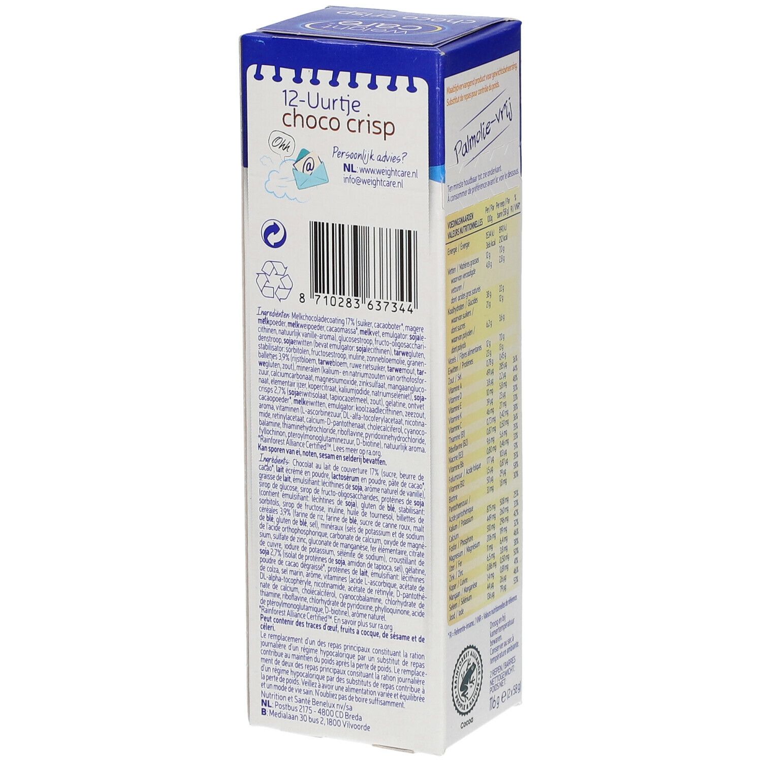 Côté de la boîte Weight Care Choco Crisp. Contient du texte, un code-barres et un symbole de recyclage. Texte en néerlandais.