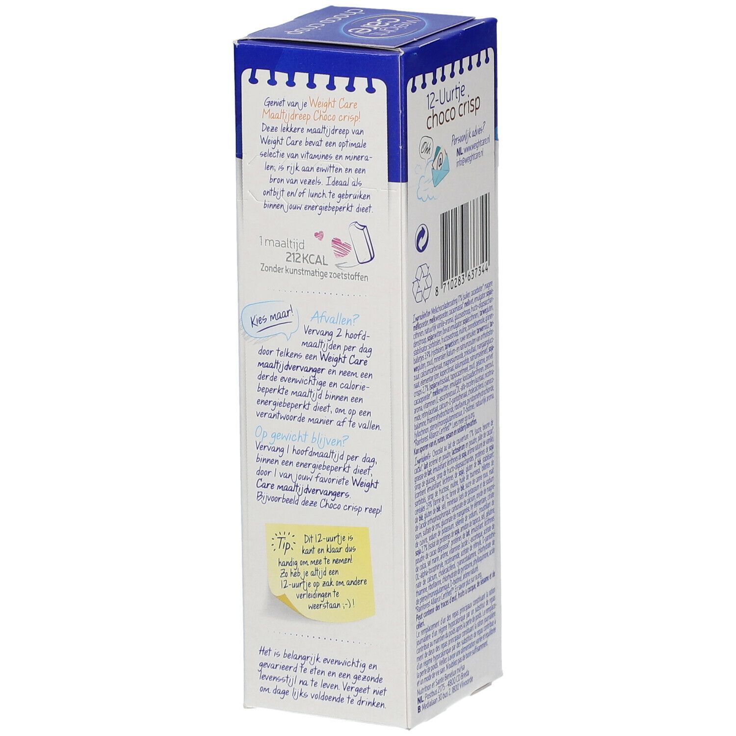 Côté de la boîte Weight Care Choco Crisp. Contient du texte en néerlandais. Symbole de post-it jaune.